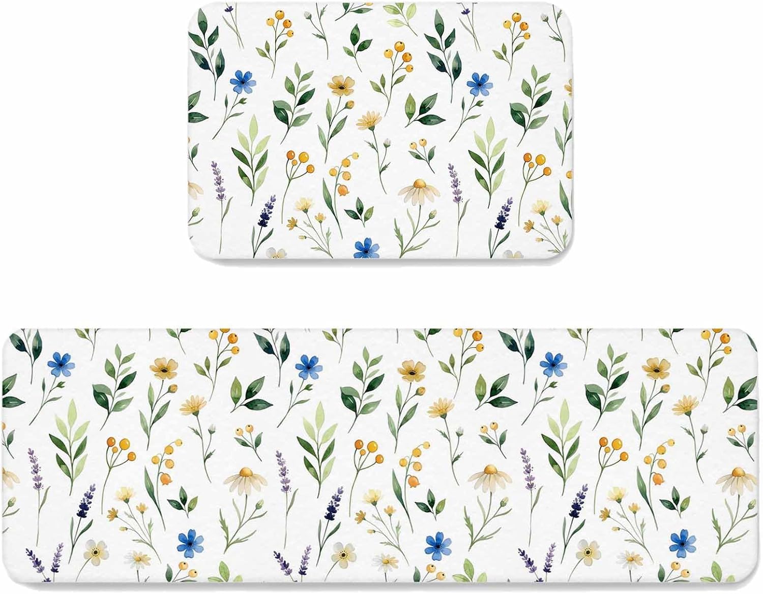 Prime Leader Yellow Purple Floral Kitchen Mat Set 2 Pieces Country Blue Purple Yellow Flowers Non Slip Kitchen Rugs Washable Runner Rug Mats for Sink Laundry (23.6" x 35.4"+23.6" x 70.9")