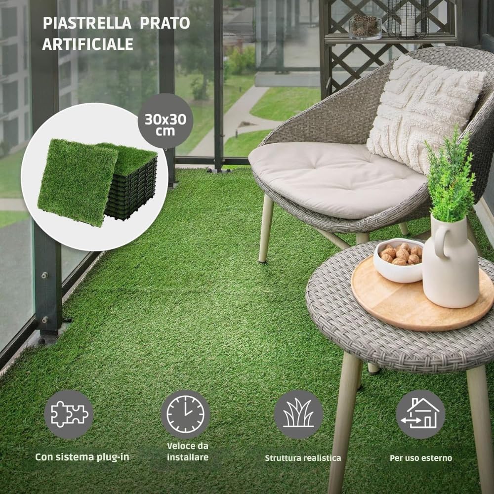 Piastrelle da Esterno ad Incastro WPC per Pavimentazione drenante Terrazzo, Balcone, Giardino,piscina, effetto legno antiscivolo base in PVC (ERBA, 10 PZ)