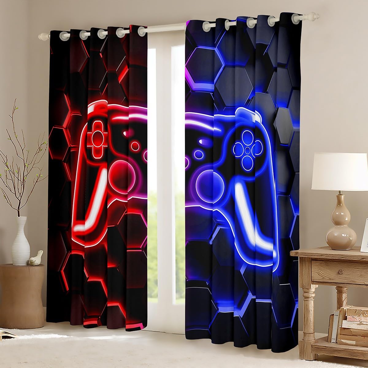 Homewish Zasłony zaciemniające do gier, 132 x 160 cm, 2 panele do sypialni, neonowe zasłony okienne o strukturze plastra miodu, czerwone i niebieskie, sześciokątne światła, zasłony okienne, dekoracja
