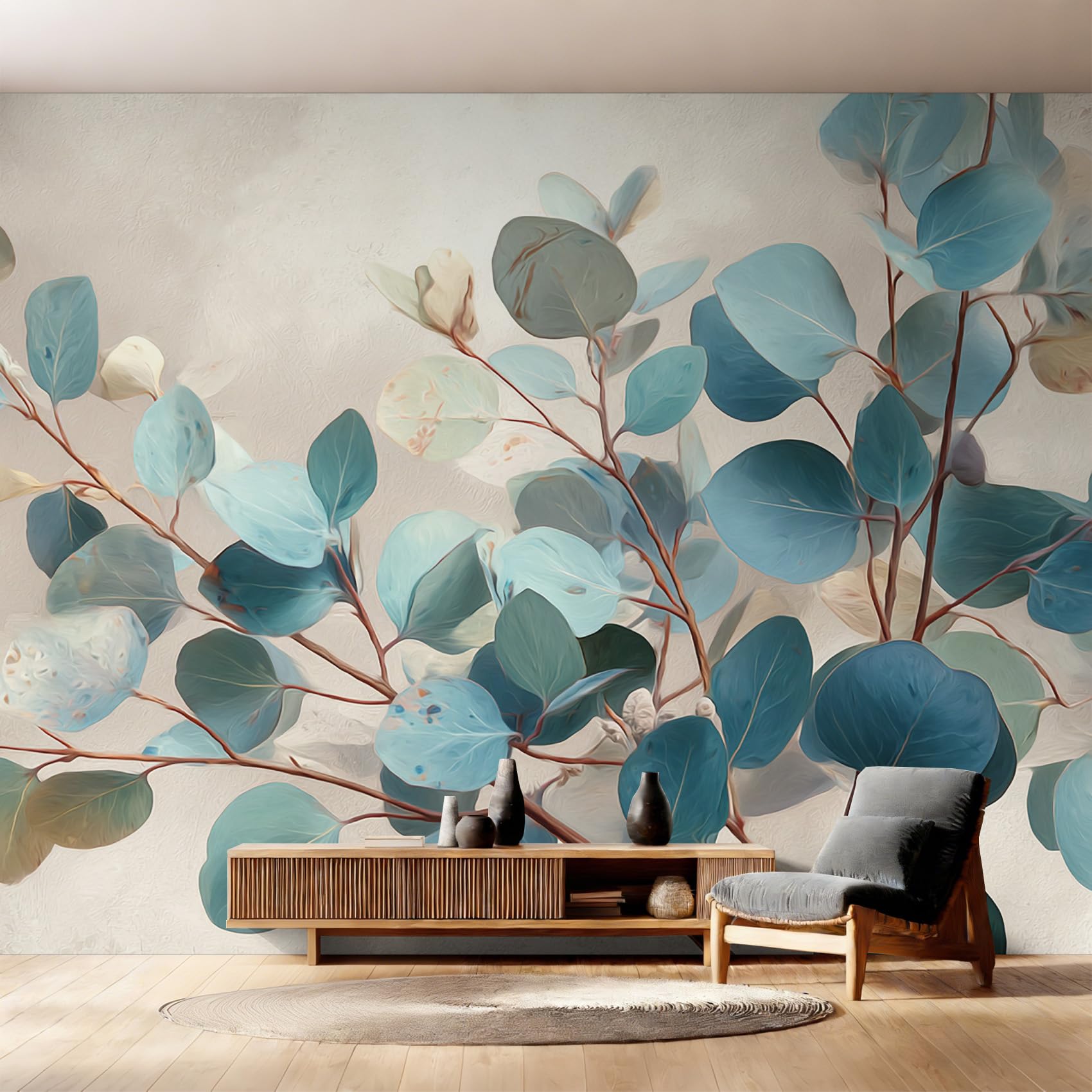 Papier peint feuilles bleu vert grand format intissé pour fresque murale salon