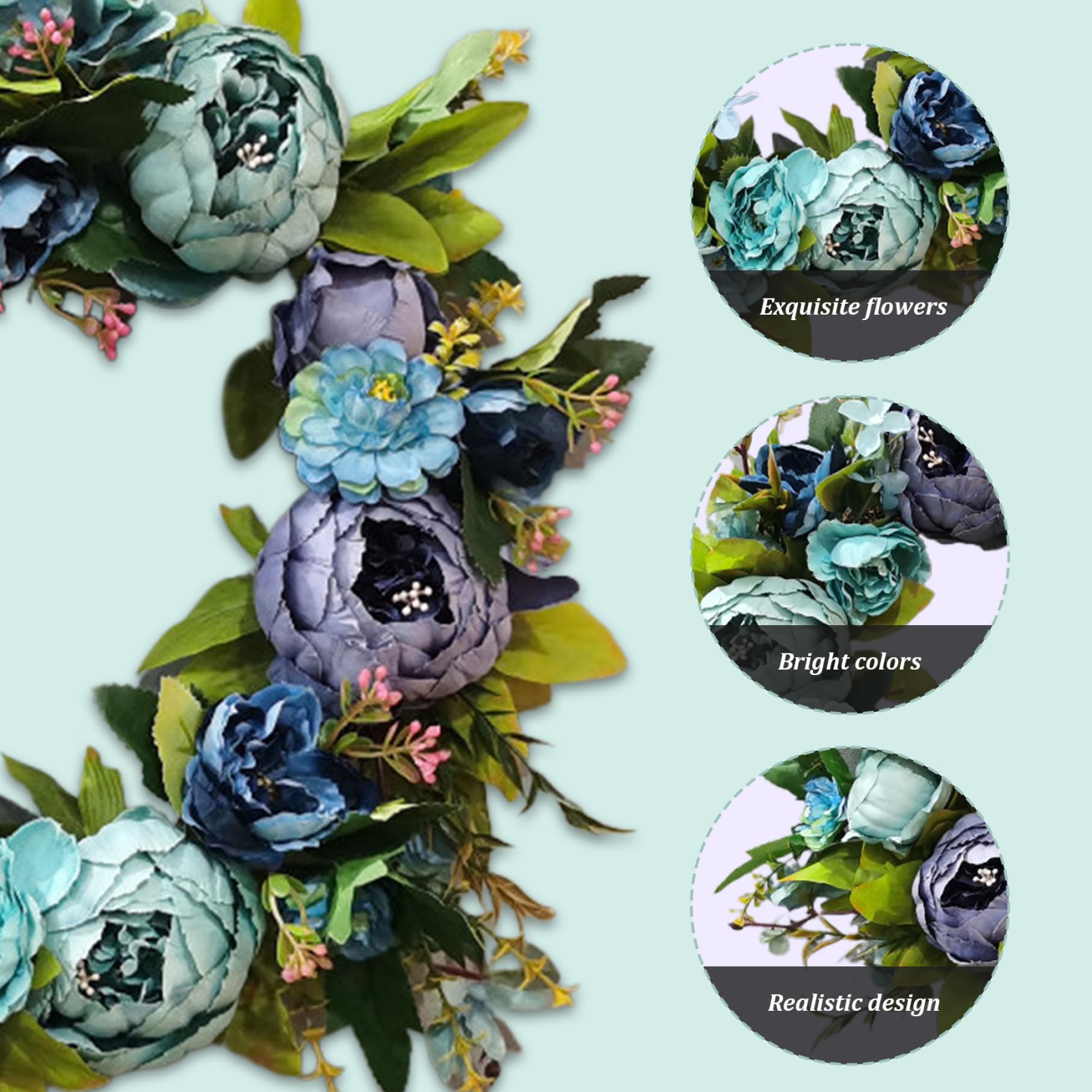 Ghirlanda di fiori artificiali di peonia blu da 16 pollici per decorazioni di nozze primaverili per la porta d'ingresso