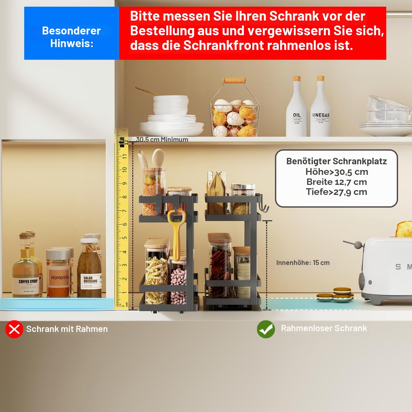 Magheo 2 Stück Gewürzregal Ausziehbar, Metall Gewürz Organizer Schrank, 2 Etagen Herausziehen Gewürzregal Stehend, Kleines Gewürzregals Ohne Bohren Innenschrank Küchen Spice Rack Pull Out (Schwarz)