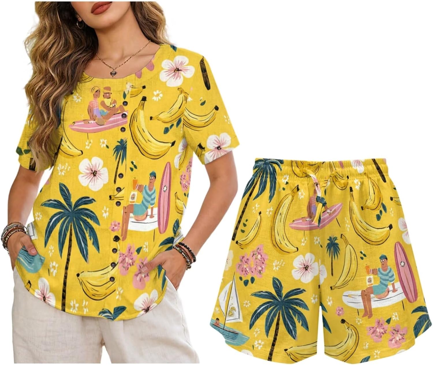 Womens 2 Piece Outfits Short Sleeve Tops and Elastic Waist Pants Travel Lounge Sets Plus Size Summer Linen Set