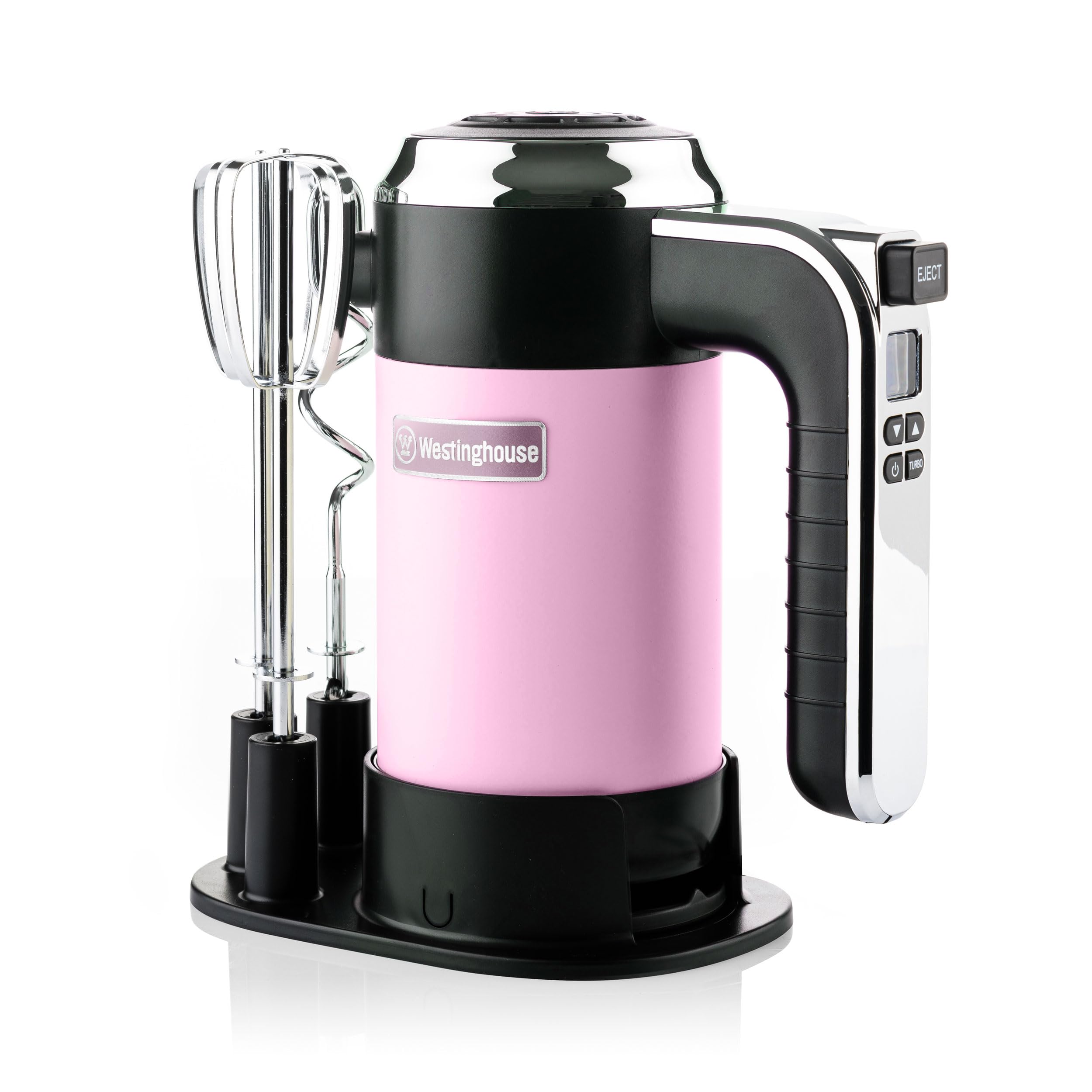 Westinghouse Retro Handmixer, 5 Geschwindigkeitsstufen + Turbofunktion, 2 Rührbesen, 2 Knethaken, LCD-Anzeige, Timer, Sockelboden, 350 Watt, pink
