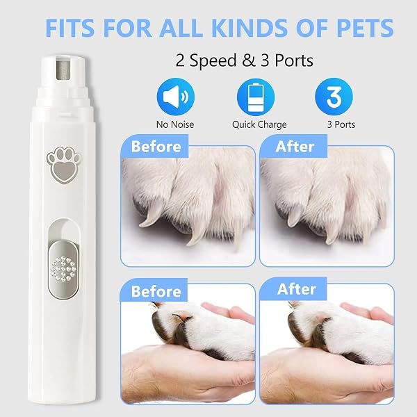 Electric Pet Nail File,Rechargeable Nail Clipper with LED Light - Pet Nail File Silent Noise,45 dB Pet Nail Grinder USB Rechargeable 3 Ports Nail File for Large Medium Small Dog - 5