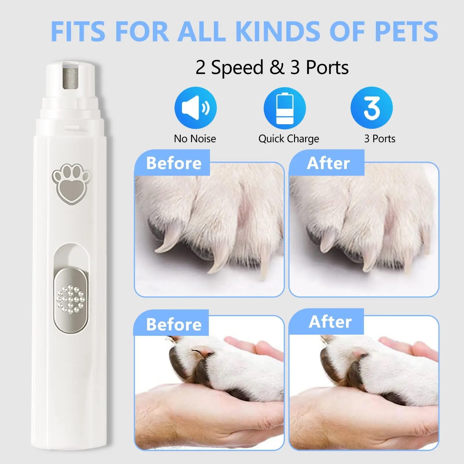 Electric Pet Nail File,Rechargeable Nail Clipper with LED Light - Pet Nail File Silent Noise,45 dB Pet Nail Grinder USB Rechargeable 3 Ports Nail File for Large Medium Small Dog — view 5