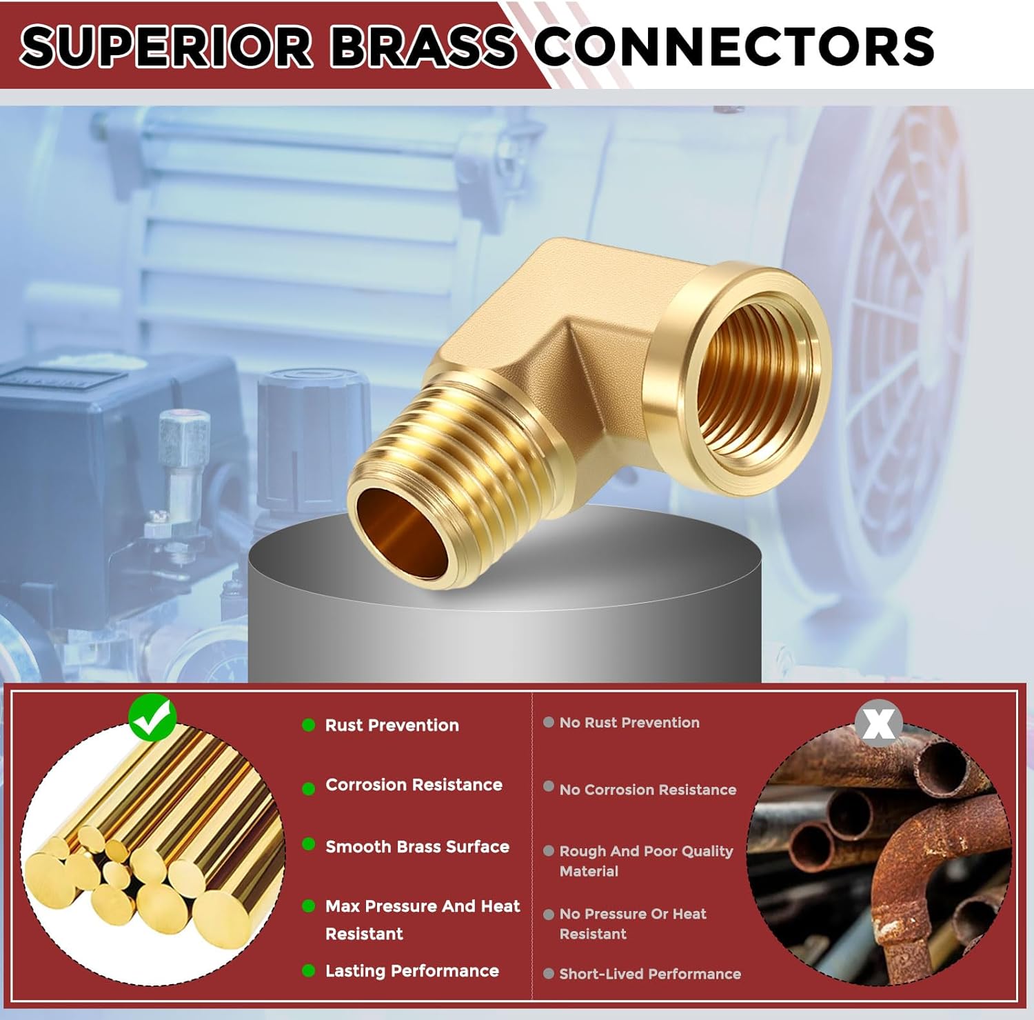 Pack of 2, 90 Degree 1/4 in FNPT to 1/4 in MNPT Solid Brass Barstock Street Elbow, Forged Pipe Fittings for Pipe Leak Repair, Bathroom Remodeling, Air Compression, Refrigeration