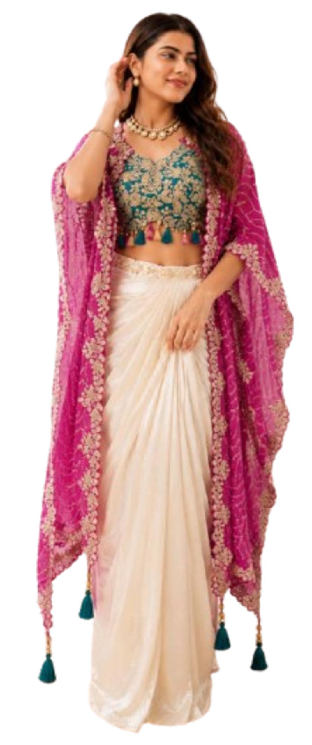 Lehenga Choli Indo-Western Draped Set For Womens And Girls Trending Embroidery Sequins work Wear Shrug with Dhoti indowestern Wedding Saree Pink Colour-image-20