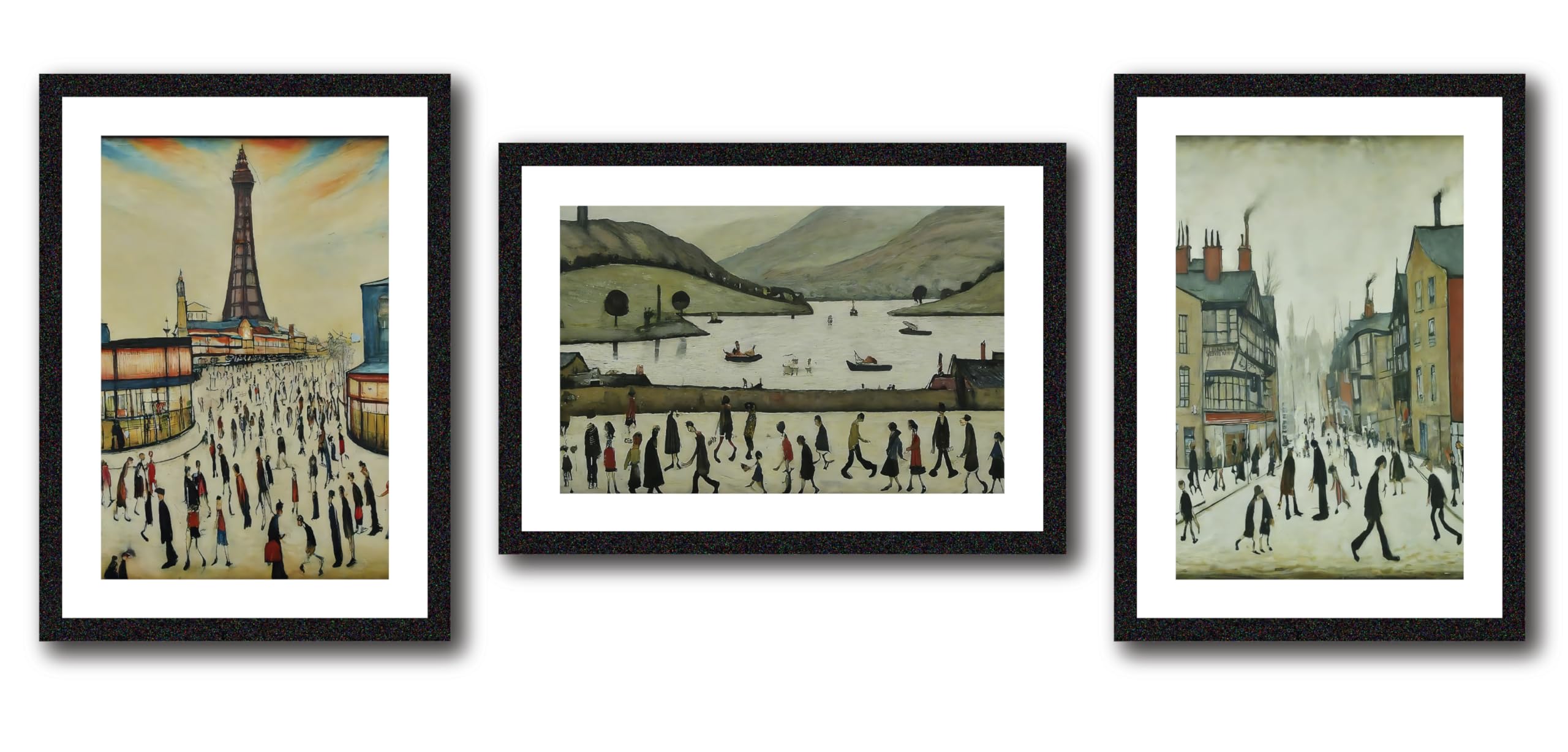 Greetingles Set of 3 Lowry Style Black Framed Art Prints 33 x 24cm New Designs (Set 3) — image 1