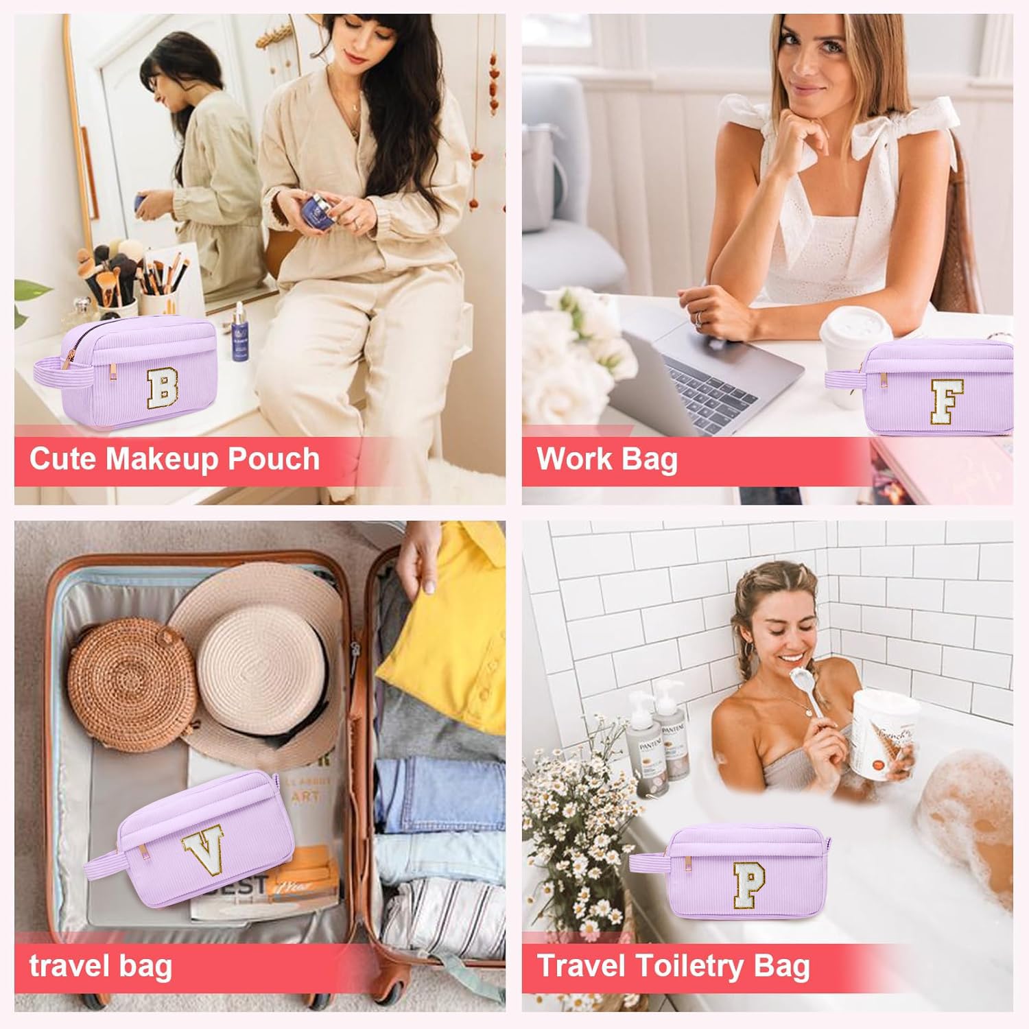 Neceser Maquillaje Mujer Personalizado Inicial, Bolsa de Cosméticos de Viaje, Gran Capacidad Neceser de Maquillaje de Pana, Regalo Cumpleaños Navidad para Mujeres Novias Mejores Amigas, Morado C — view 5