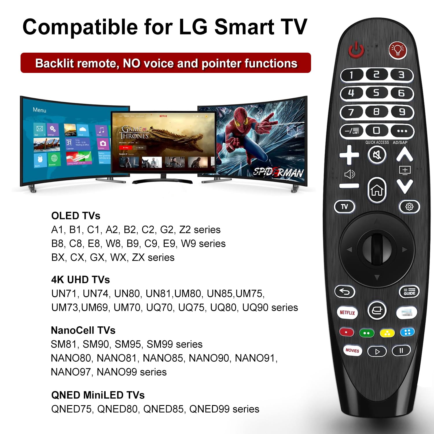 Telecomando retroilluminato compatibile con LG Smart TVs, universale telecomando ricambio adatto a LG telecomando a infrarossi - Senza funzioni vocali e puntatori
