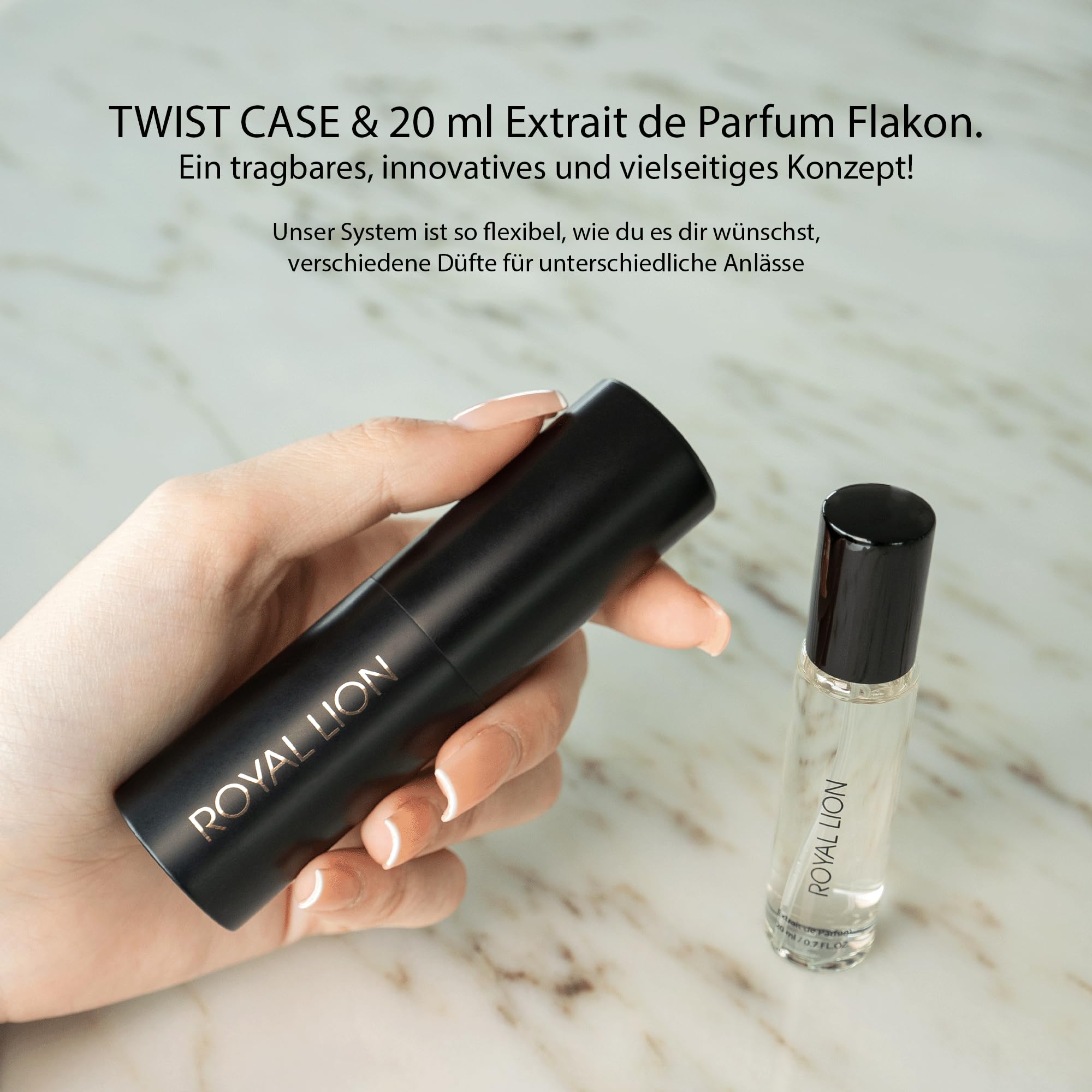 Royal Lion Twist Case Parfum Travel Set 2 - Reisezerstäuber - Hochwertiger Suit mit Extrait de Parfum "QUEEN FOR WOMEN", Sinnlicher Amberduft mit blumig-holziger Note, 2 x 20 ml