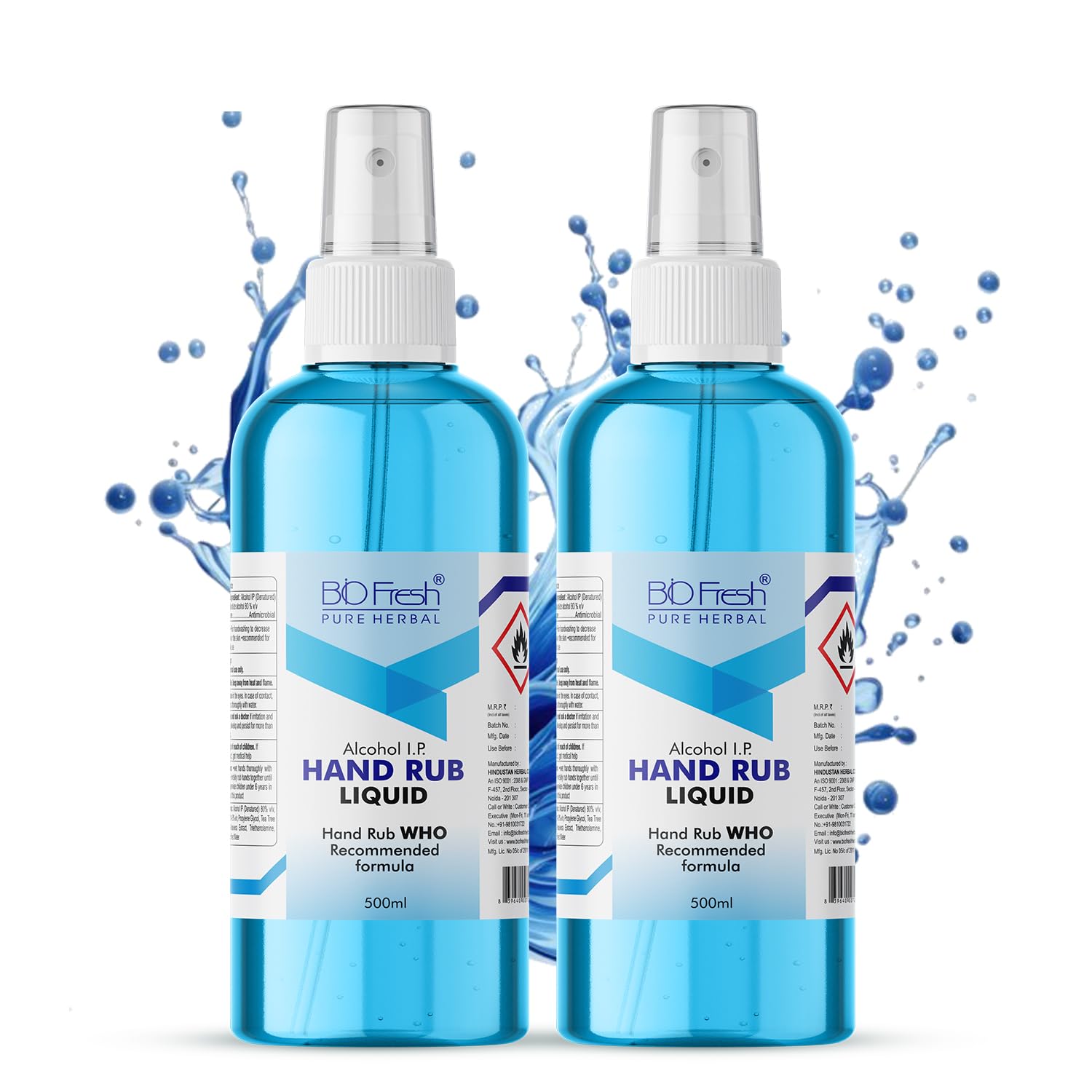 BIOFRESH Liquid Hand Sanitizer Spray - 500ml Germ Protection Spray 70% Alcohol-Based Antibacterial Skin Friendly Disinfectant Spray WHO Recommended Formula (Pack of 2)