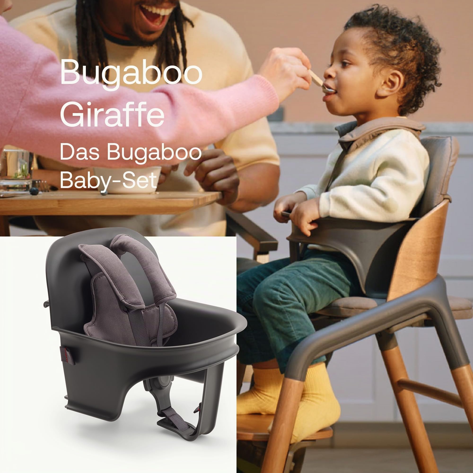 Bugaboo Giraffe Baby-Set für den Bugaboo Giraffe Hochstuhl, für Babys von 6 bis 36 Monate, mit Sitz und 5-Punkt-Sicherheitsgurt, mit einer Hand verstellbar, aus biobasiertem Plastik, Grau