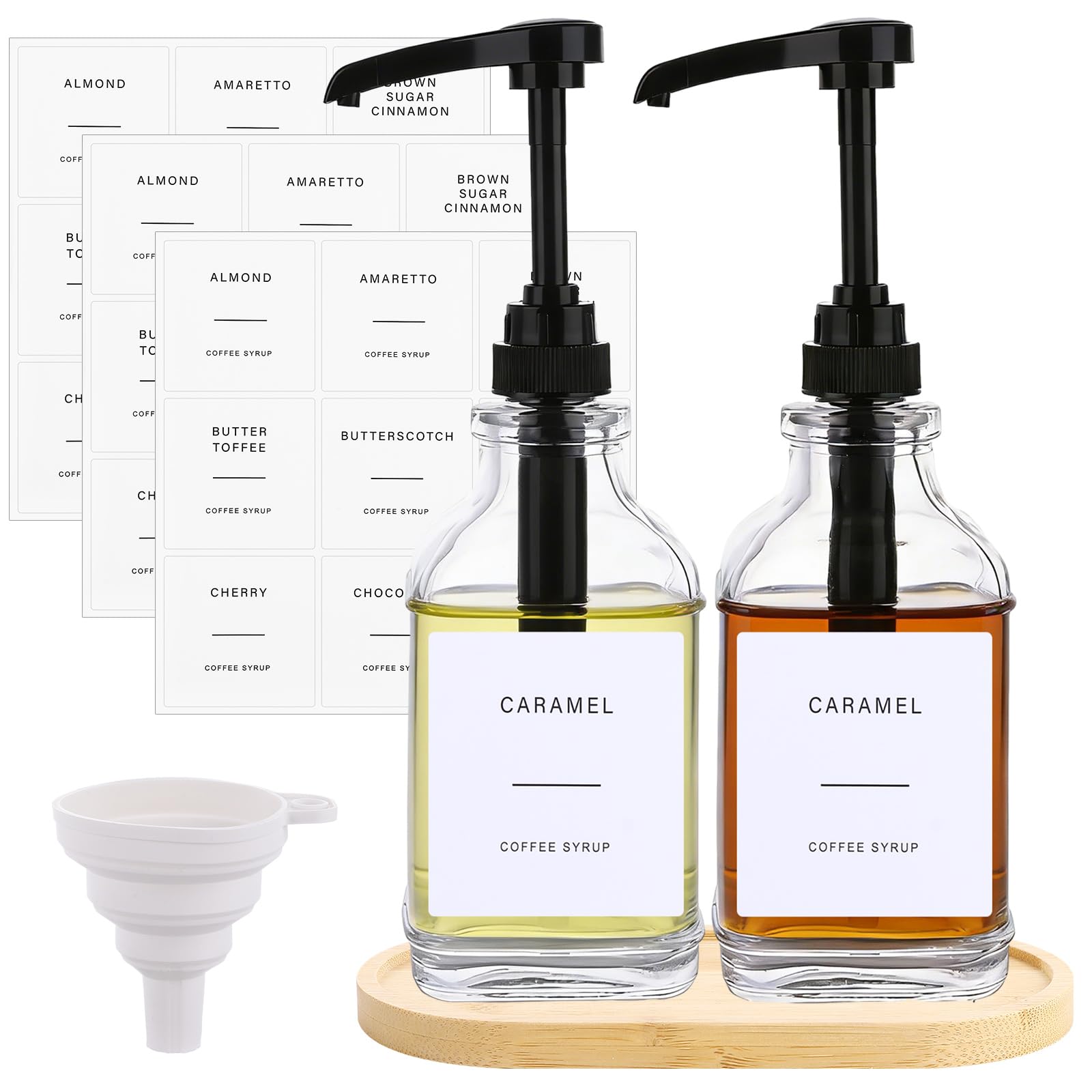 Distributeur de sirop en verre haut de gamme avec plateau esthétique et étiquettes épurées