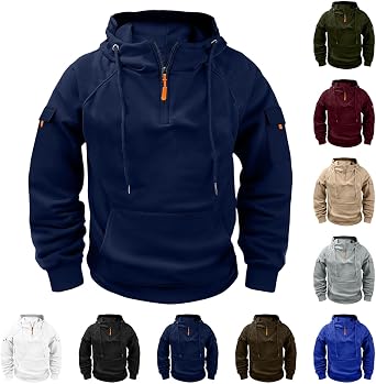 Mens Cargo Athletic Hoodies Fleece Lined 1/4 Zip Big And Tall Hoodies Vintage Hood Pullover Sweatshirt Zipper Pockets