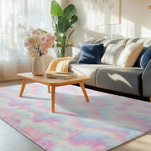 Miniatura 4 de Vafodo Alfombra esponjosa para dormitorio, alfombra peluda de 6 x 9 pies para niños, área de felpa suave para bebé, sala de estar de arcoíris teñido