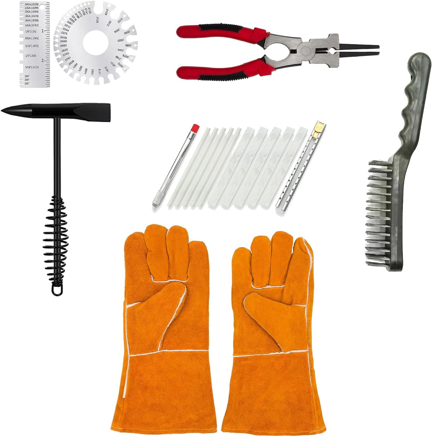 19Pcs 10 Inch Welding Hammers Slag Removal Tool with Metal Sheet Thickness Gauges, 8 Inch Welding Plier and 10 Inch Welding Chipping Hammer with Steel Coil Spring Handle,Leather Welding Gloves