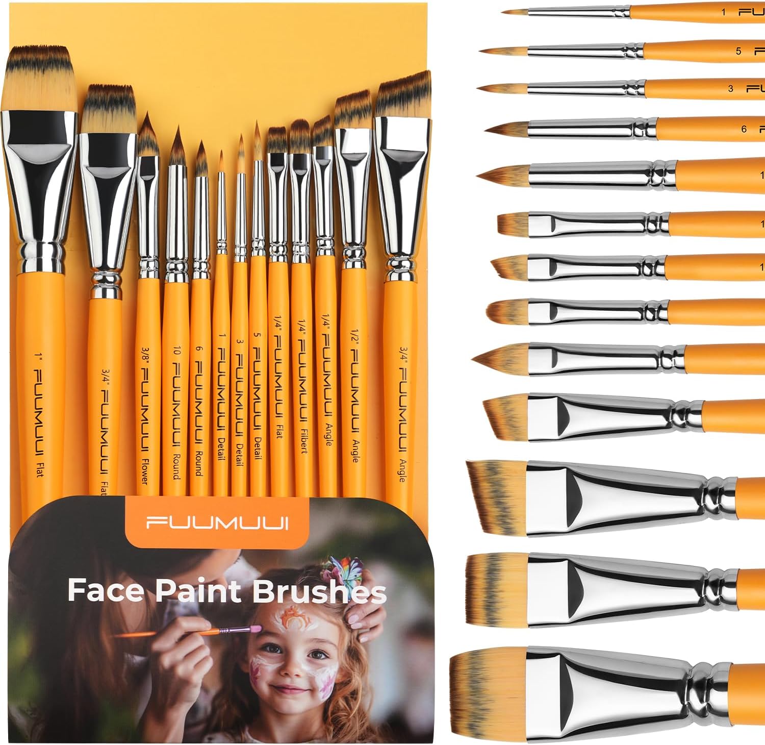 Face Painting Brushes, Fuumuui 13pcs Professional Synthetic Brushes for Face & Body Painting with Halloween, Cosplay, Costume & Theater – Acrylic Watercolor Oil Gouache
