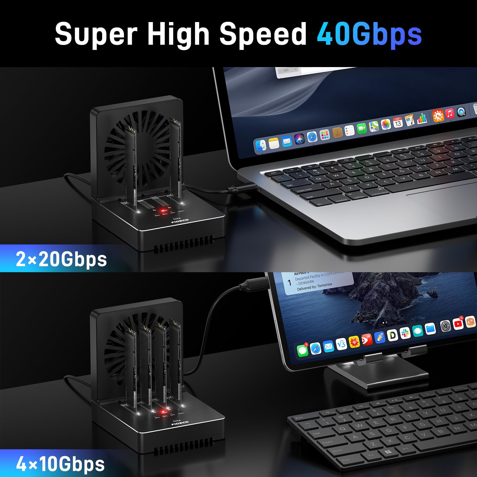 FIDECO M.2 NVMe Cloner Dock, 4-Bay NVMe Cloner Duplicator with Foldable Cooling Fan, 40Gbps (4X 10Gbps, 2X 20Gbps) SSD Cloner Dock, Support Offline Clone and Offline Data Eraser, Protect Privacy