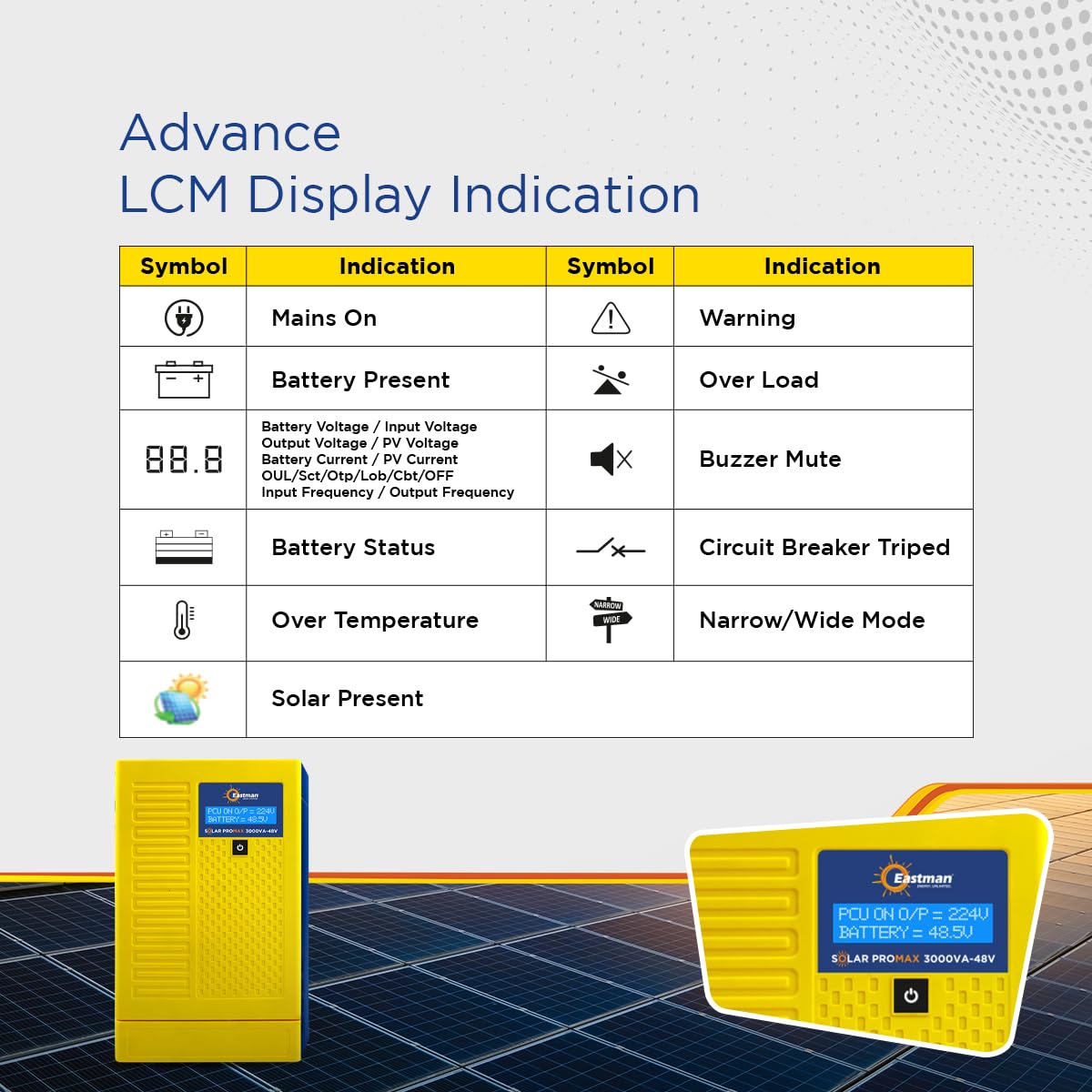 Eastman Solar Promax 3000VA/48V (MPPT) Off Grid Solar Inverter with Utility Power Factor Watt=VA, 43% More Loading Capacity | Warranty 36 Months on Product, 10 Years on Transformer - Image 6 thumbnail
