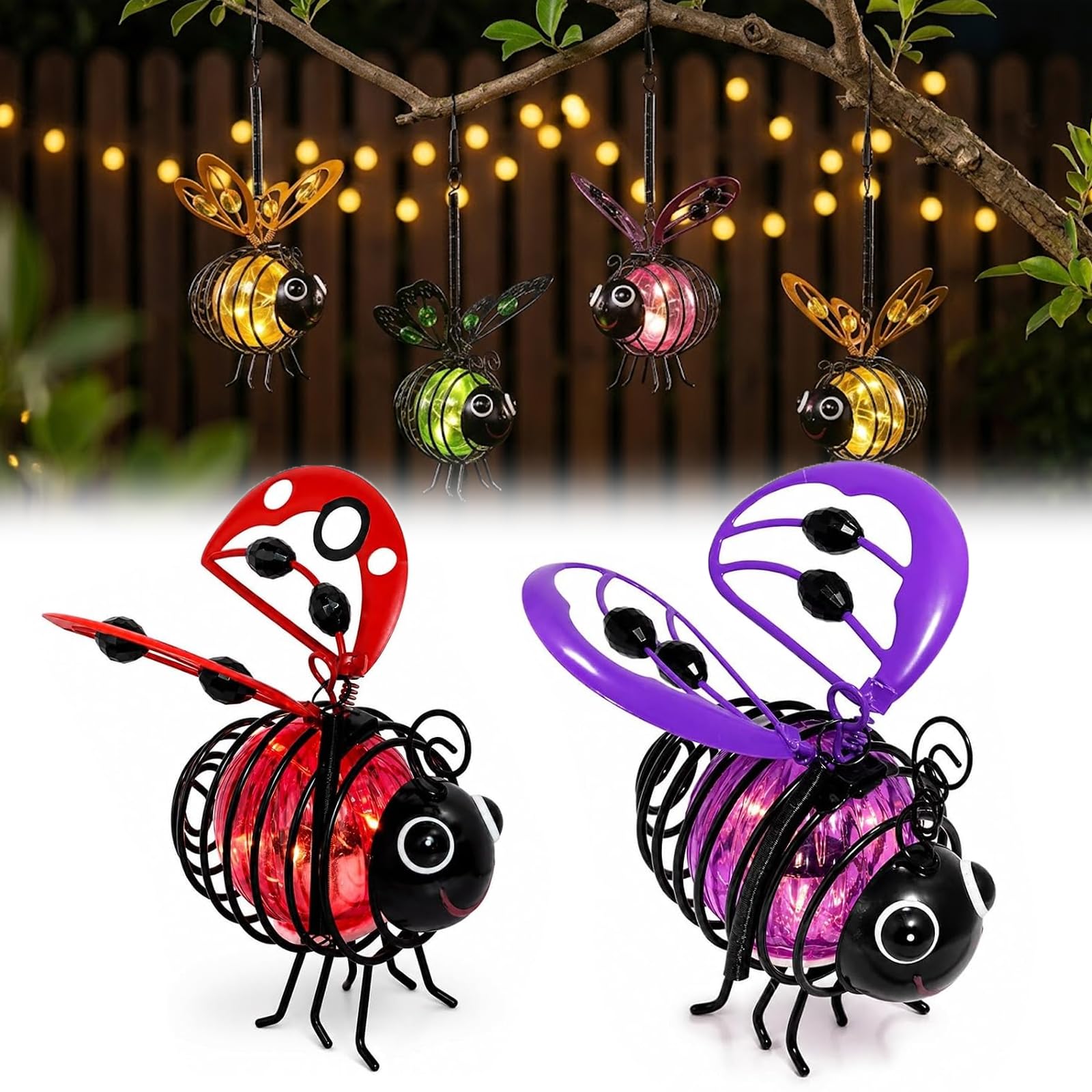 Solar-Powered Hanging Bee Light for Garden, Flicker-Free, Waterproof，2pcs E