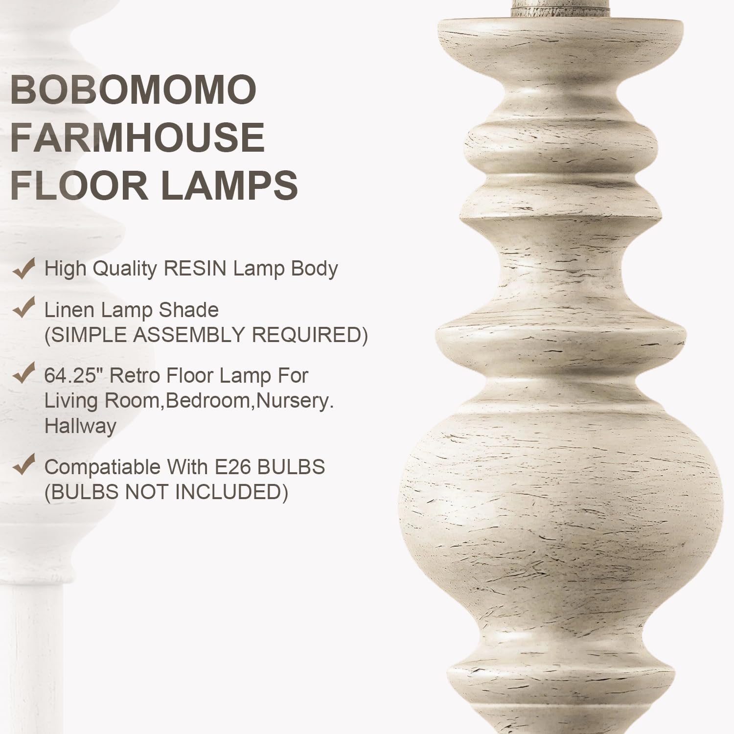 BOBOMOMO 64.25" Farmhouse Floor Lamp for Living Room, Tall Antique White Standing Lamp with Rotary Switch, Vintage Reading Lamp for Bedroom & Nursery, Rustic Home Decor Corner Lamp