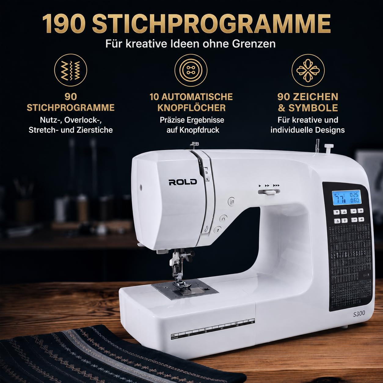 ROLD S300 Computer Nähmaschine mit Anschiebetisch | 190 Nähstiche zum Nähen aller Arten von Stoffen.