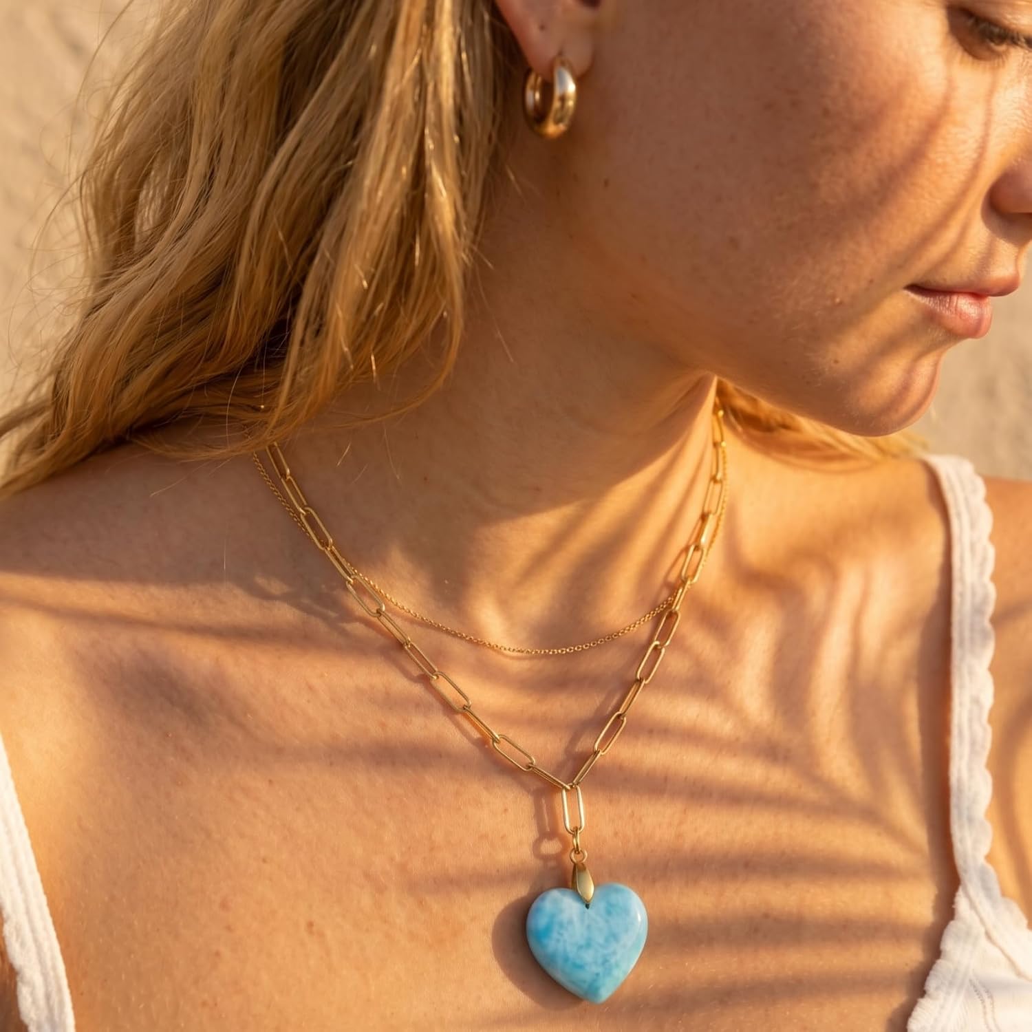 SOKAL Colorful Gemstone Heart Pendant Necklace for Women – Dainty 18K Gold Waterproof Paperclip Chain, Adjustable Layering Tarnish Resistant Choker Jade Charm Necklace, Birthday Gift for Her