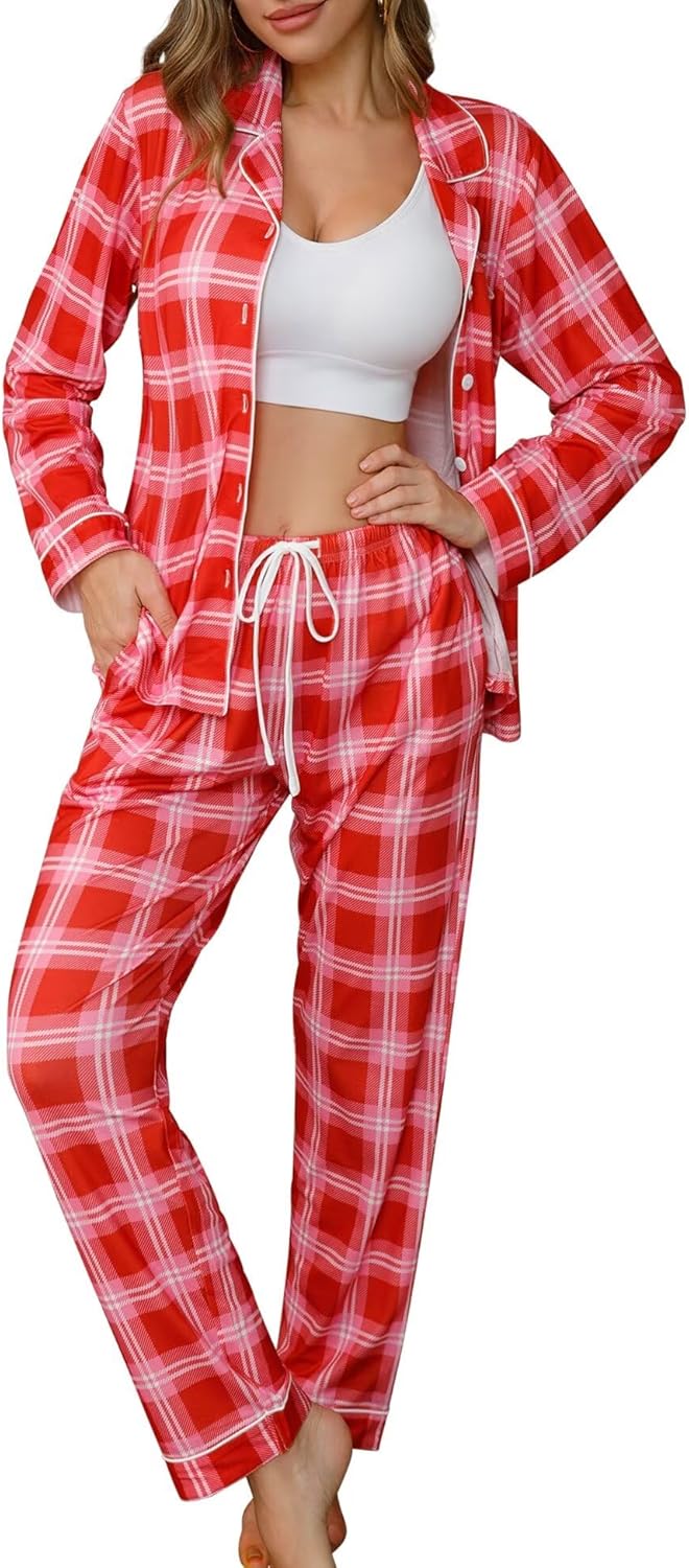 SWOMOG Womens Pajamas Set: Long Sleeve Button-Down Nightwear