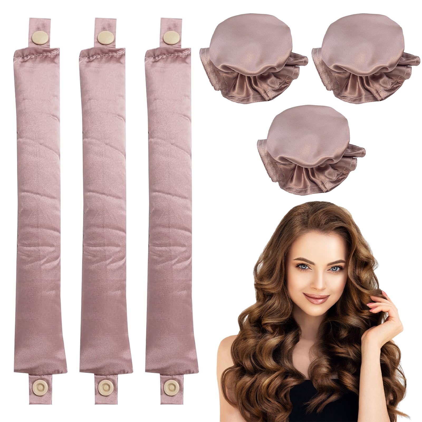 Rulos Sin Calor Lazy Curler Set, 6 Pcs Rizador De Seda Sin Calor para Cabello Con Sombrero De Satén,Rizos Sin Calor, Rizador De Pelo Sin Calor, para DIY Styling para Pelo Corto Y Largo (Marrón)