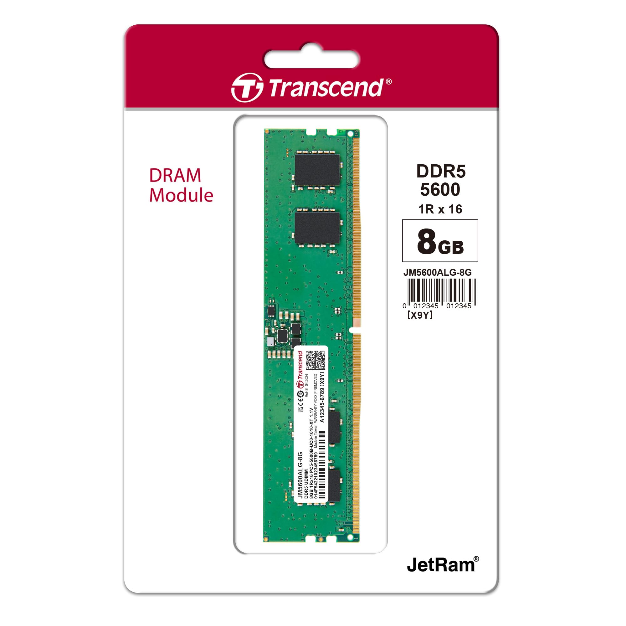 Transcend JM5600ALG-8G Detaliczny moduł pamięci DDR5 PC 8 GB 1 x 8 GB on-Die ECC 5600 MHz DIMM 288 pinów JM5600A