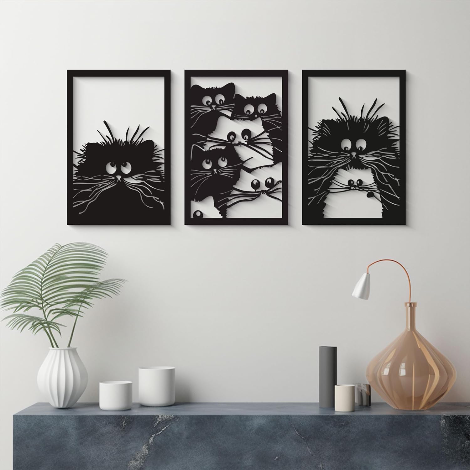 GoneNow Crazy Cute Cats Wall Decor, Set of 3 Wooden Black