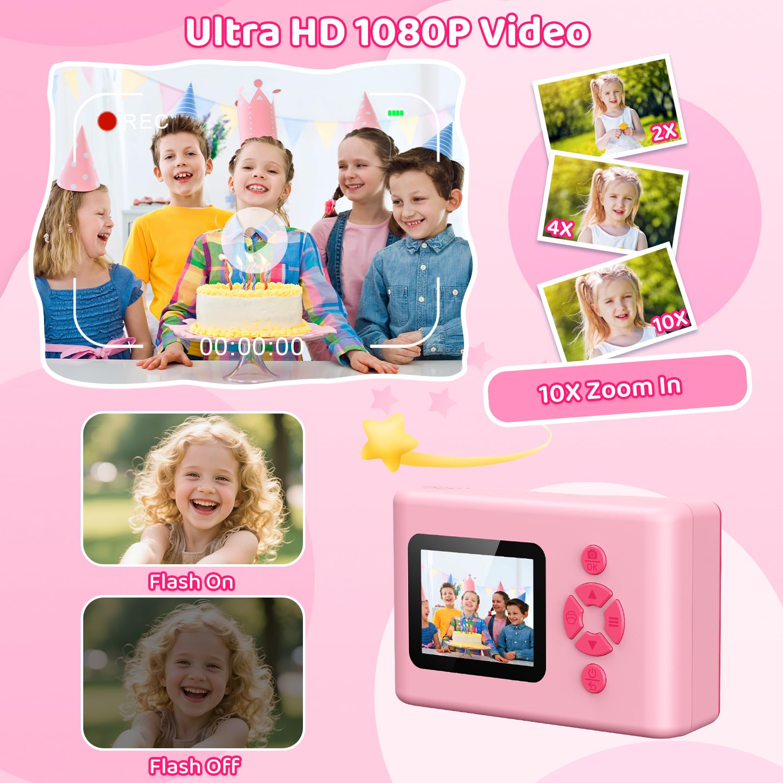 Ushining Cámara instantánea para niños, 1080P HD, cámara instantánea con tarjeta de 32 GB y papel de impresora, pantalla IPS de 2,4 pulgadas, cámara digital, regalos para niños/niñas de 3 a 12 años