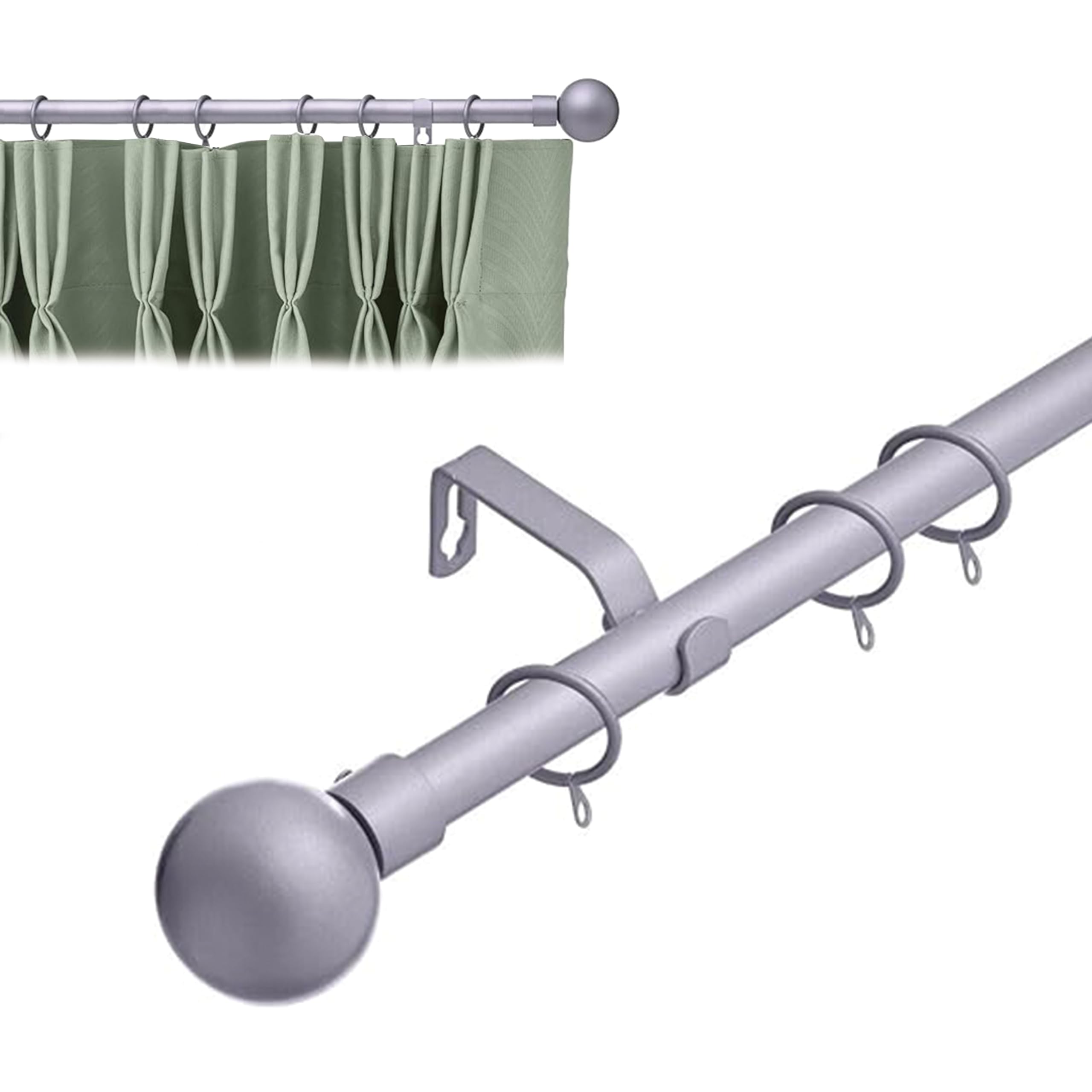 Lister Cartwright 19 mm Curtain Pole for Windows, Extendable 120 – 210 cm, Satin Steel Metal Rod with Ball Finials, Adjustable Drapery Pole for Curtains, Living Room,Bedroom Non Slip
