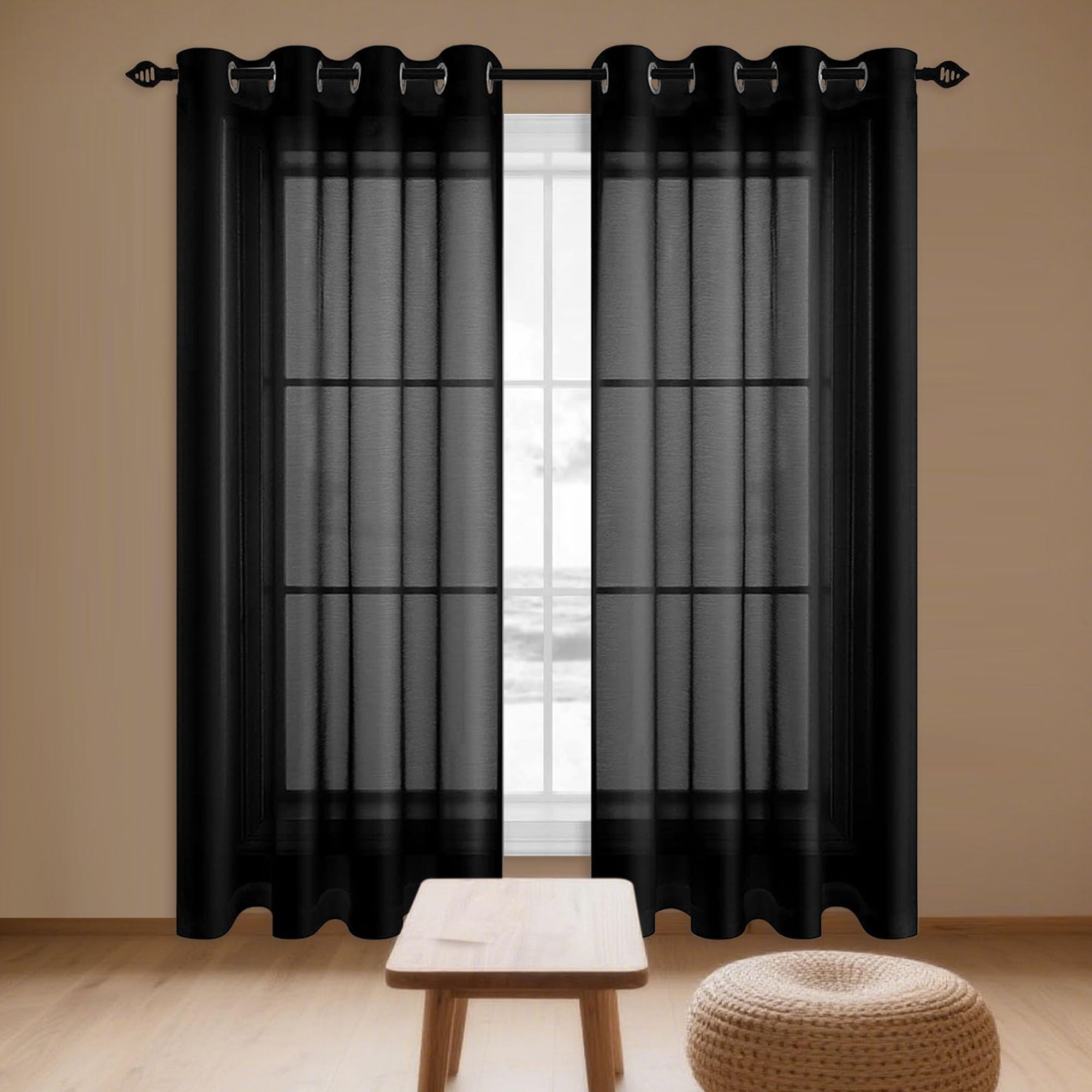 Przezroczyste Zasłony 250 x 140 cm Zwiewna Przeźroczyste Zasłony Z Woalu Elegancka,Klasyczna,Lekka Do Salonu Sypialni Lub Kuchn, Czarny