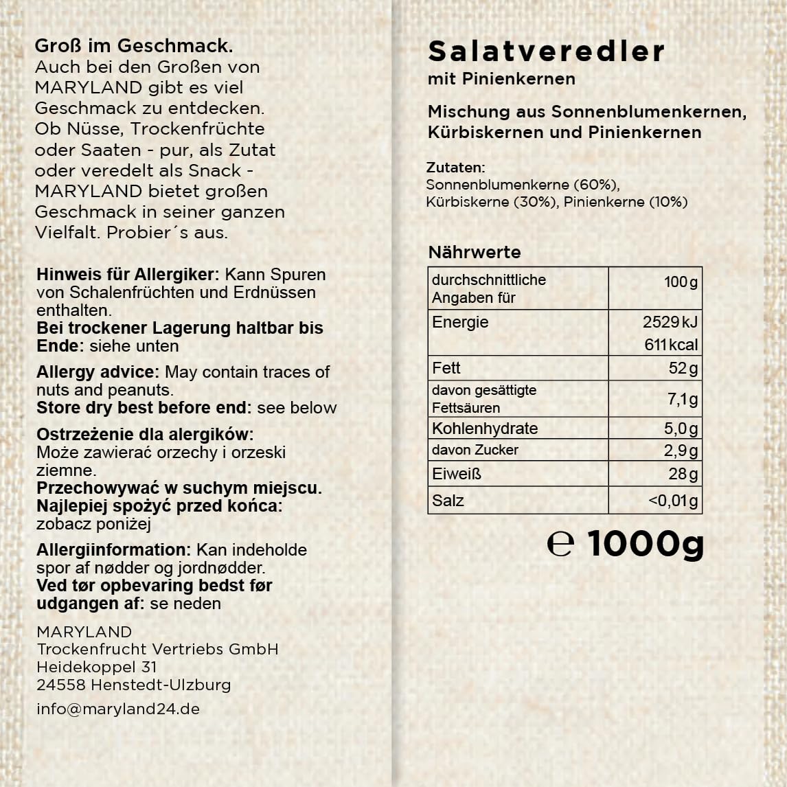 Maryland Salatveredler 1000g Vorratspackung 4er Pack – Sonnenblumenkerne, Kürbiskerne und Pinienkerne in Kerne Mischung – 100% vegan und frei von künstlichen Aromen – Im Großbeutel (4 x 1000g)