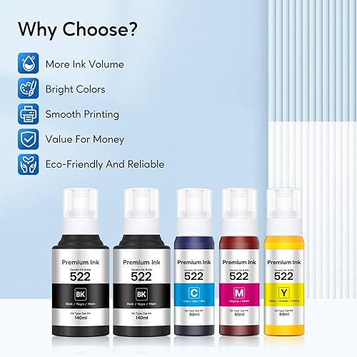 Miniatura 2 de 522 botellas de repuesto de tinta de alta capacidad (5 botellas) de repuesto para tinta 522 compatible con impresora ET-2400 ET-2720 ET-2800 ET-2803