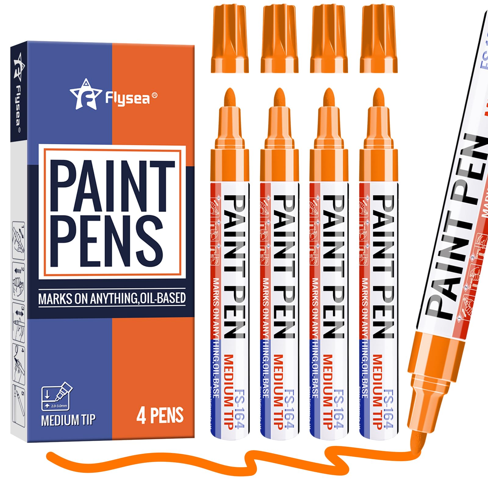 Alitastro Orange Paint Pens Permanent Marker Pen 4 Pcs Waterproof Oil Based Paint Markers 3mm Medium Round Tip Quick-drying Paint Marker Pens for Rock Painting, Black Paper, Metal, Tyre, Glass, Wood