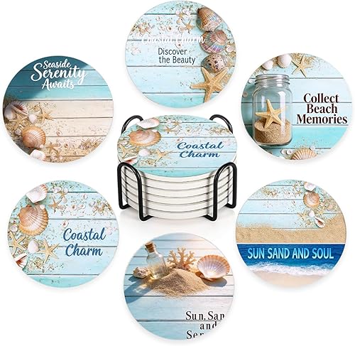 Juego de 6 posavasos de cerámica azul claro, diseño costero con conchas marinas, estrellas de mar y arena, fondo de madera, respaldo de corcho
