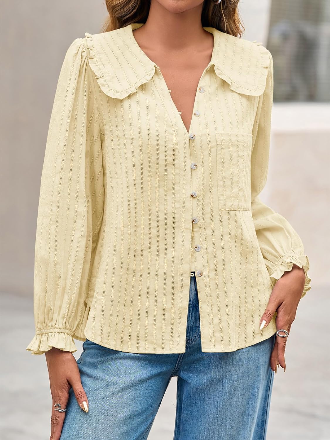 Tankaneo Womens Peter Pan Collar Shirts Puff Long Sleeve Button Down Cotton Blouse Casual Fall Textured Tops - Image 3