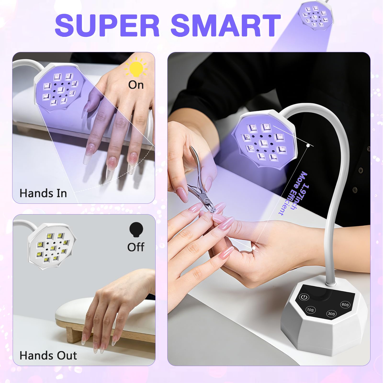 Lampada UV LED per Unghie Weiße Lotus - Sensore Intelligente 48W 365+395nm, Ricaricabile 1500mAh, Collo d'Oca Flessibile, Garanzia 365 Giorni