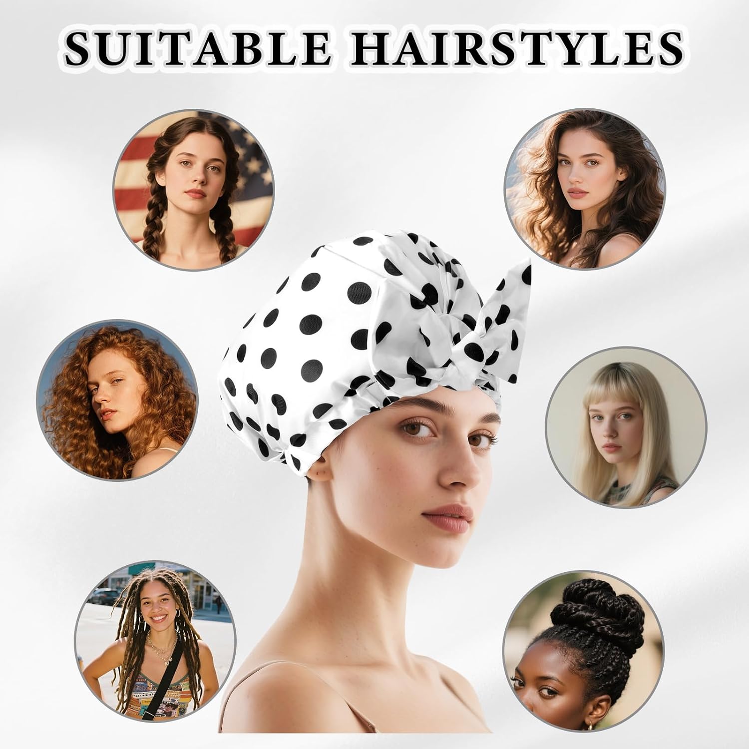 Hair Cap for Shower Black Dot Small Size Reusable Waterproof Hair Cap Women Shower Caps with Bow Knot for Long Short Curly Hair (Black Dot)