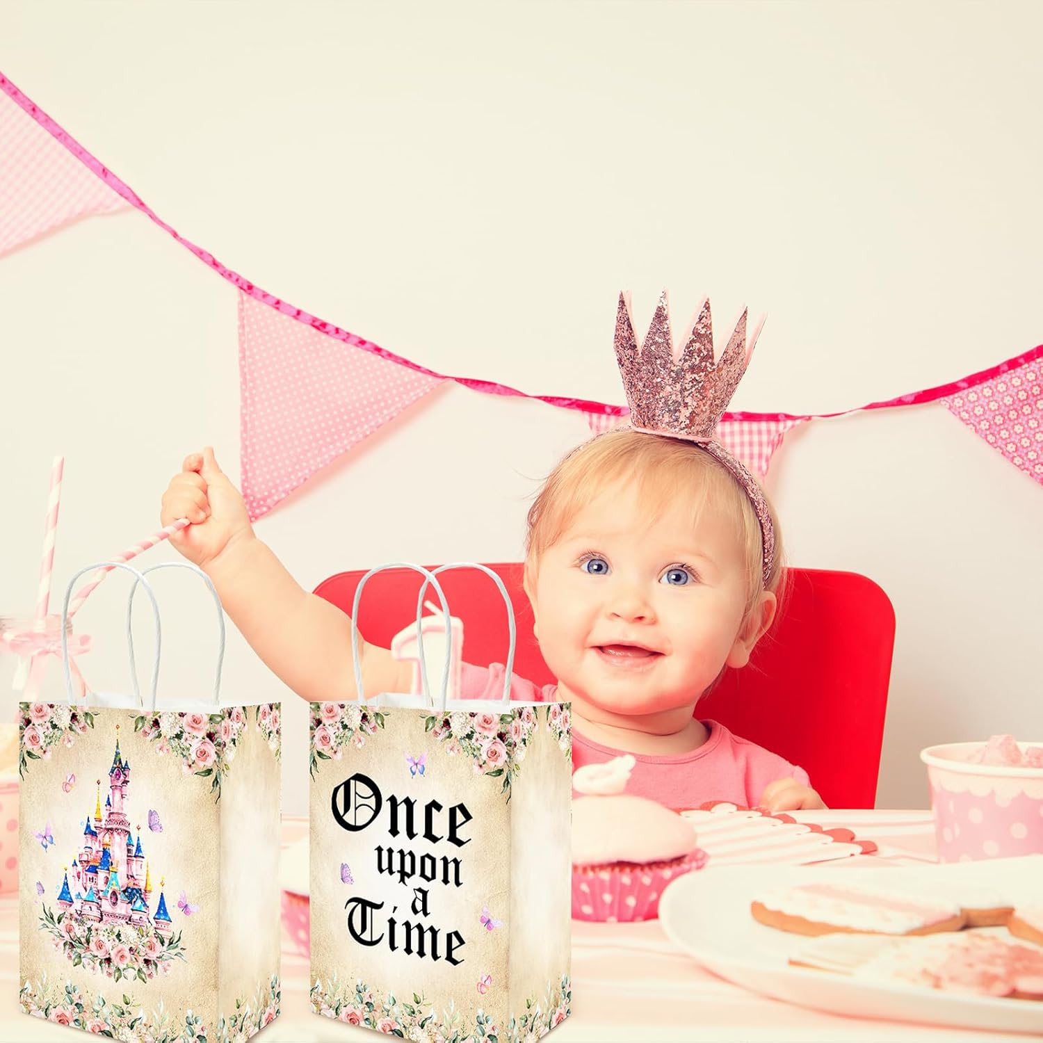 Lofaris Gift Wrap Bags 16 Pcs - Once Upon a Time Fairy Tale Design, Pink Castle & Floral Party Favor Bags with Handles, Goodie Bags for Birthday, Baby Shower, Wedding - Image 5