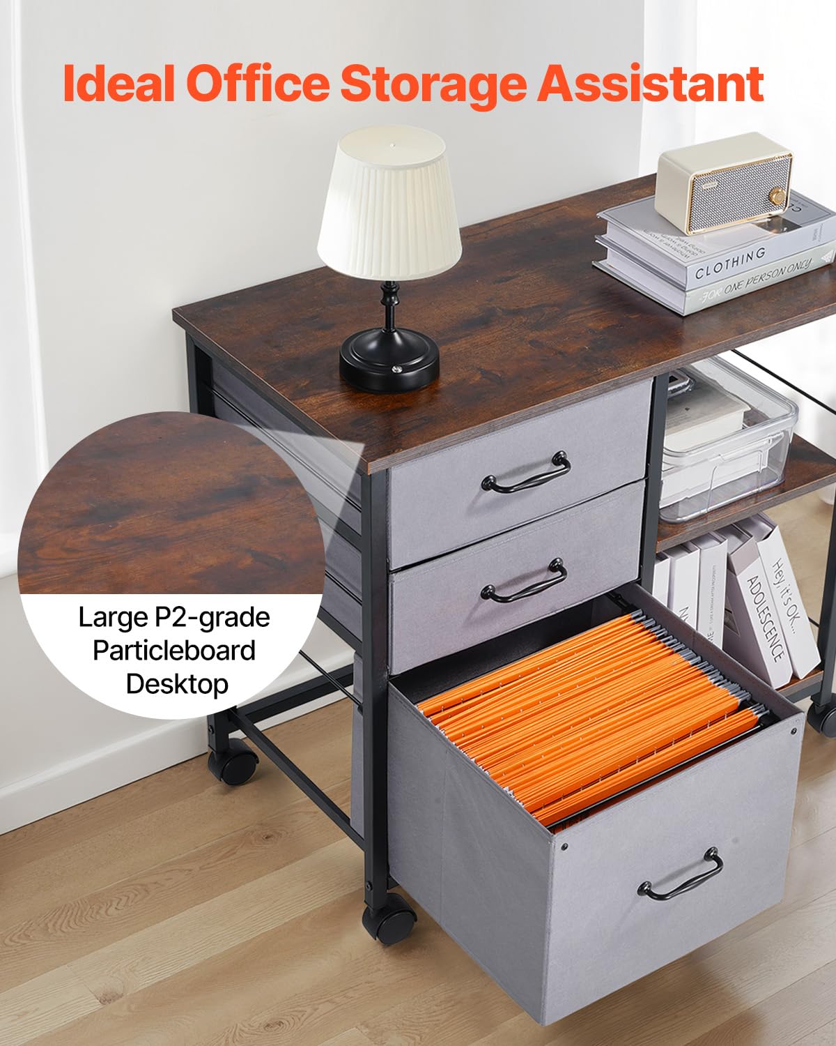VEVOR Armoire de Bureau avec 3 Tiroirs en Tissu et 2 Étagères Ouvertes, Meuble Classeur Métallique Mobile, Caisson de Bureau pour Rangement Classement des Documents et Dossiers, Maison, Marron