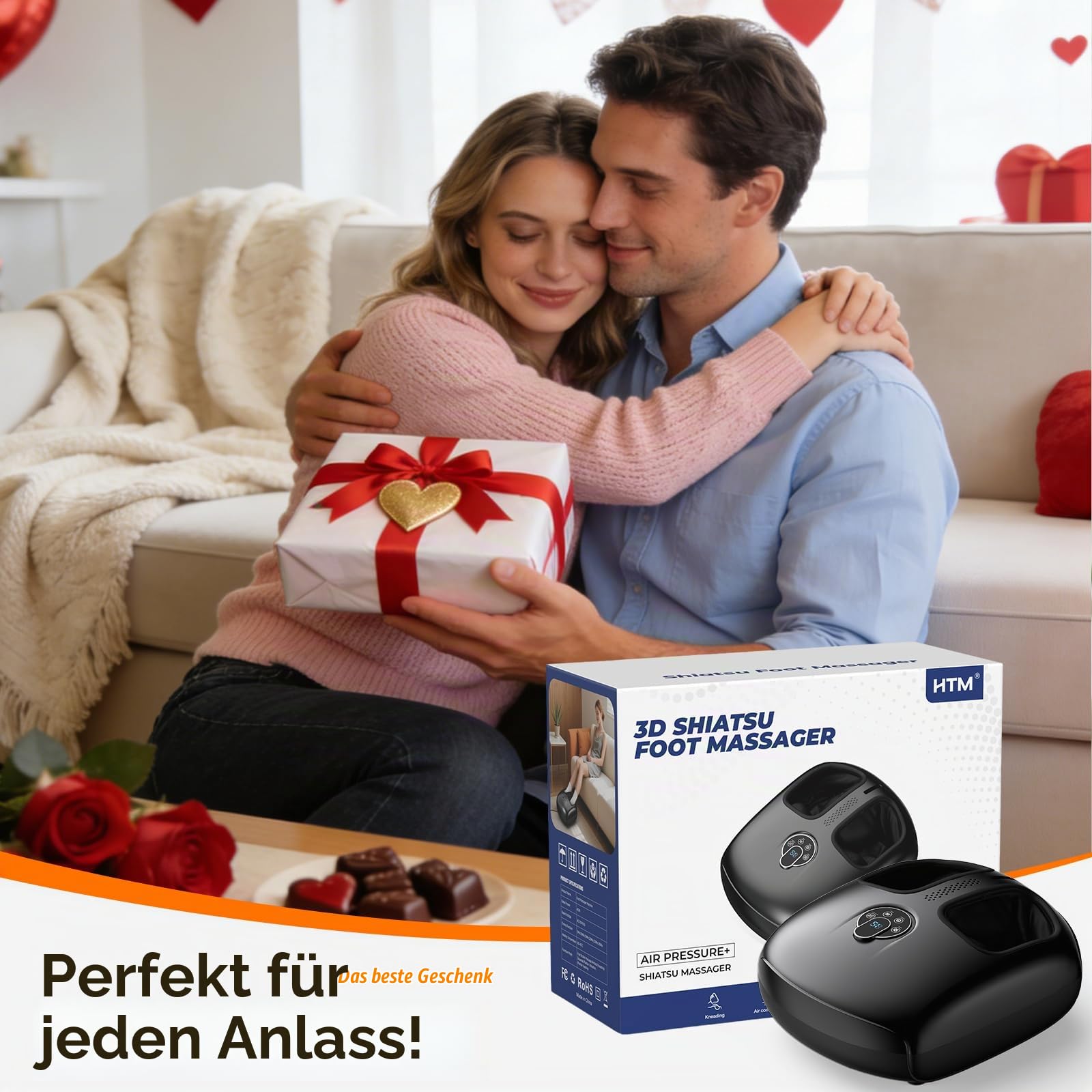 HTM Fußmassagegerät, Fussmassagegerät Elektrisch mit Wärmefunktion, Foot Massager mit Fernbedienung, Shiatsu-Tiefenknetmassage, 4 Massagemodi (Vibration/Kompression/Rollen),Bis Schuhgröße 46