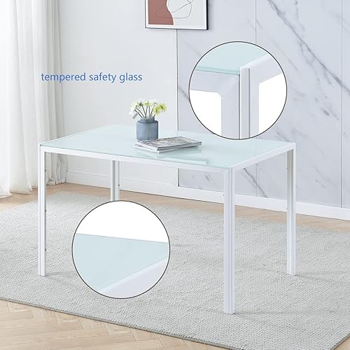 Miniatura 3 de 4HOMART YVONNE&F.L.A.M. Juego de mesa de comedor de cristal blanco de 7 piezas para 6, mesa de comedor de vidrio templado moderna con 6 sillas de