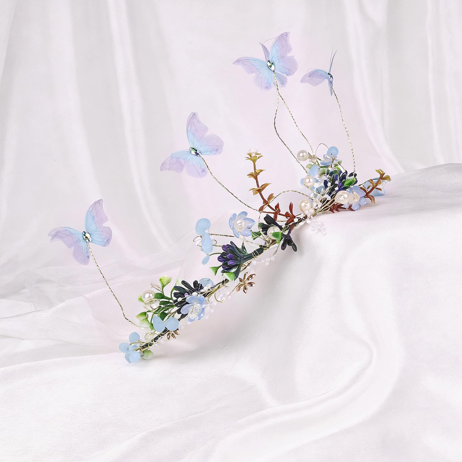 yuruyi Flower Crown for Women, Adjustable Butterfly Handmade Garland Crown Hair Wreath for Wedding Festival Party Floral Crowns for Girls Headhand