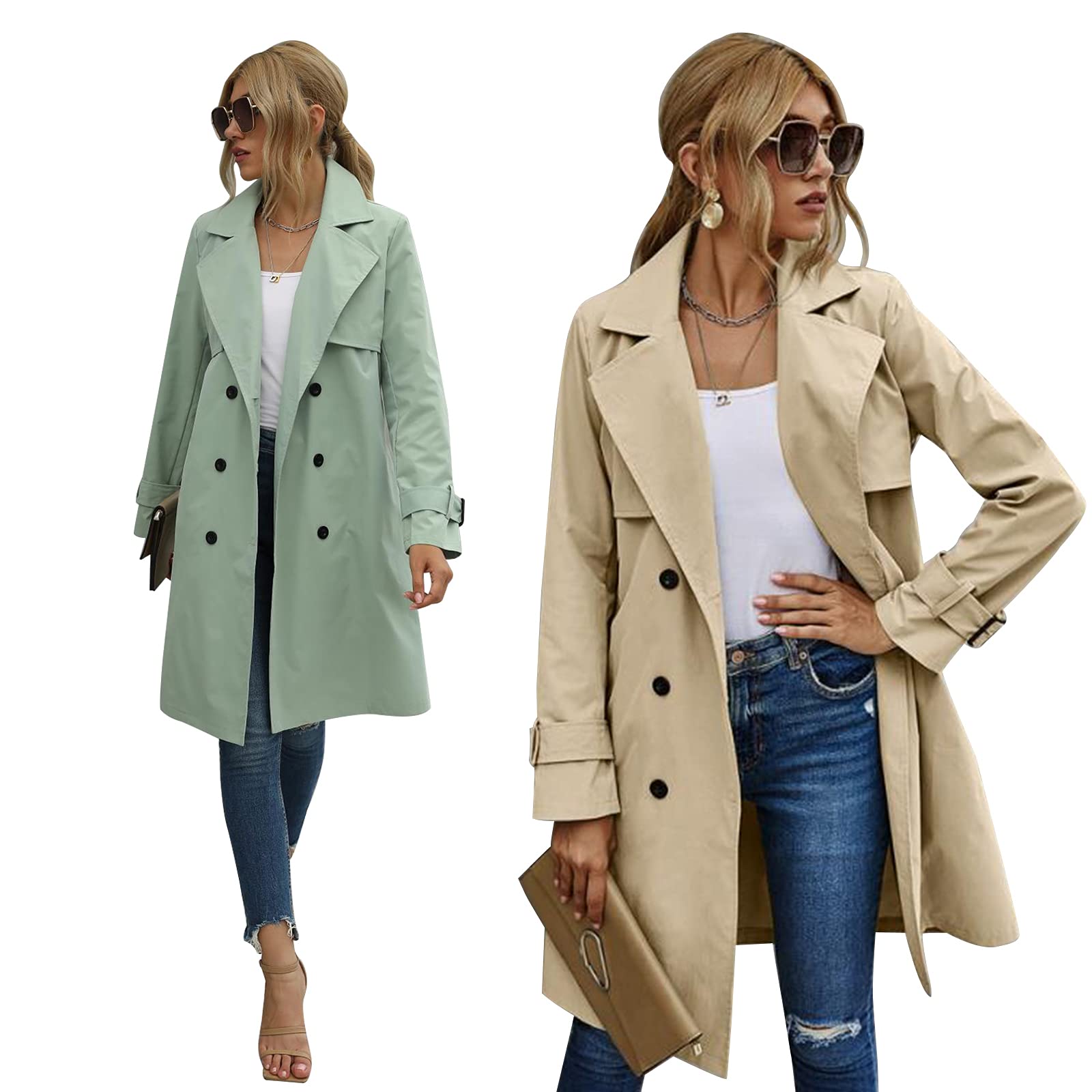 Geagodelia Cappotto Donna Primaverile Doppiopetto Lungo Cappotto Classico Antivento Giacca Autunnale Trenchcoat S-XL