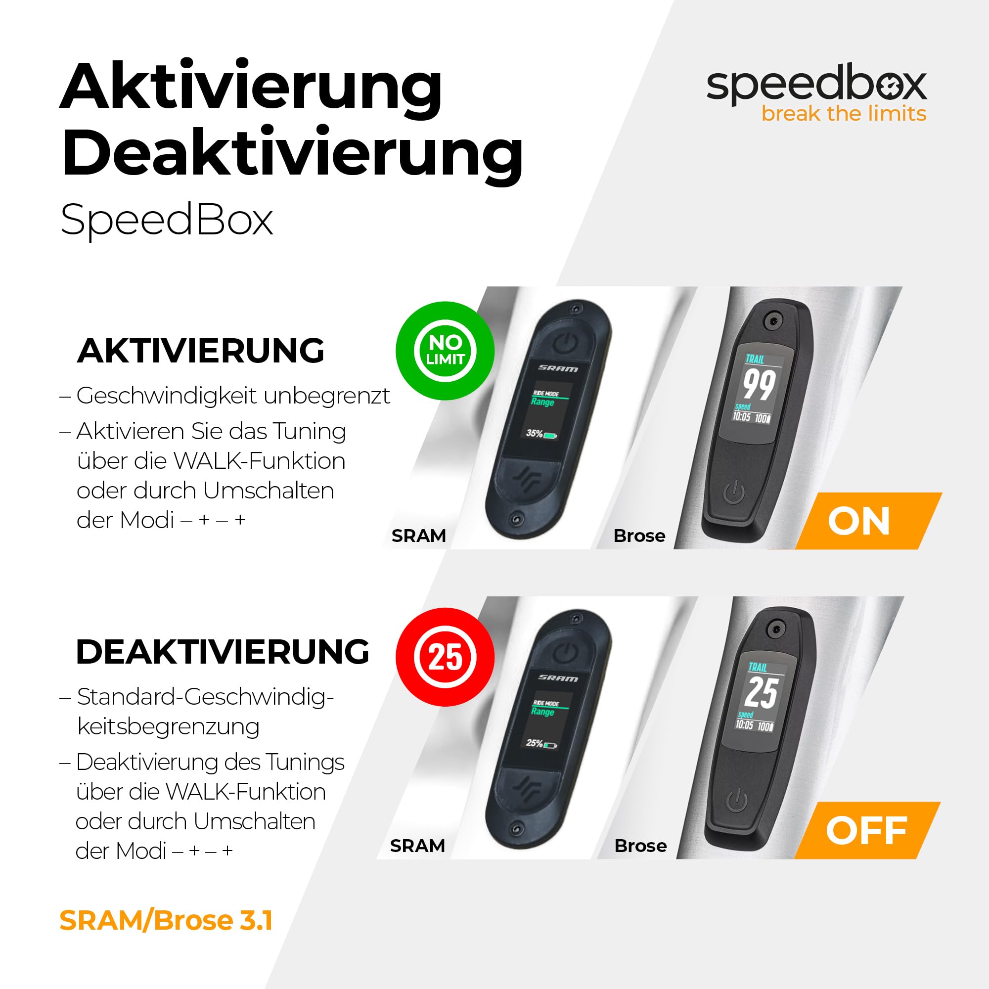 SpeedBox 3.1 kompatibel mit Brose/Specialized/kompatibel mit SRAM Powertrain/E-Bike Tuning-Kit/Entsperrte Geschwindigkeit/Reale Werte/Einstellbare Geschwindigkeit